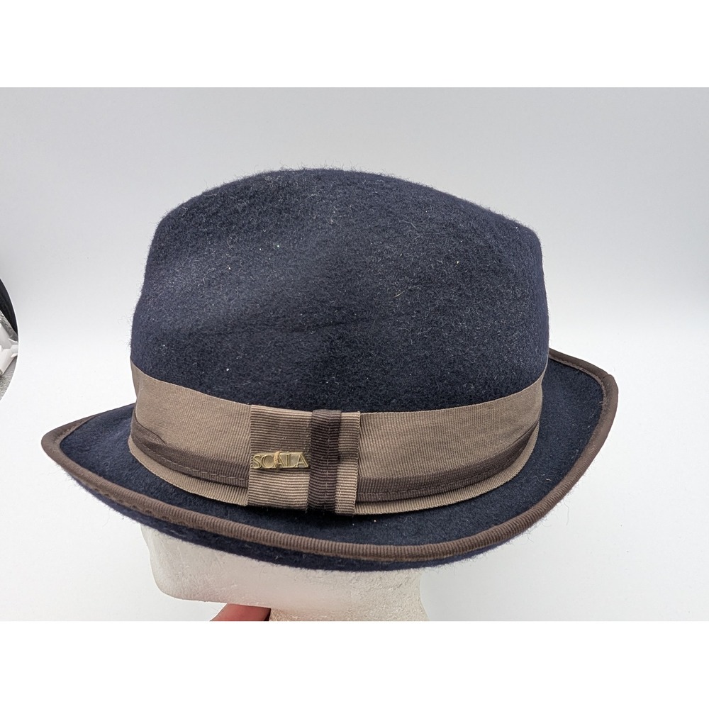 Scala Classico Mens Navy Blue 100% Wool Fedora Hat Brown Ribbon Band Large